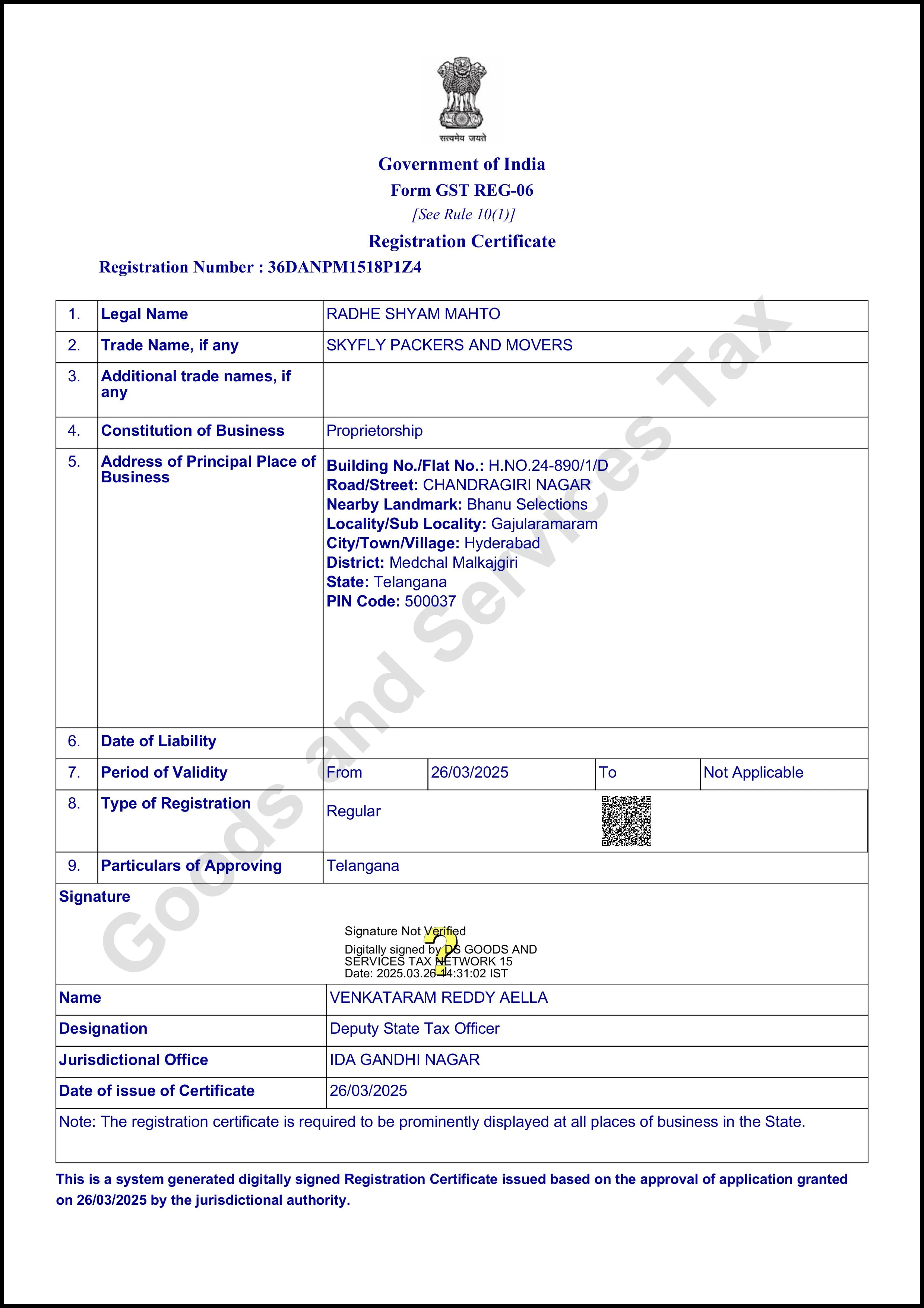 SkyFly Packers and Movers GST Registration Certificate - Government of India Form GST REG-06