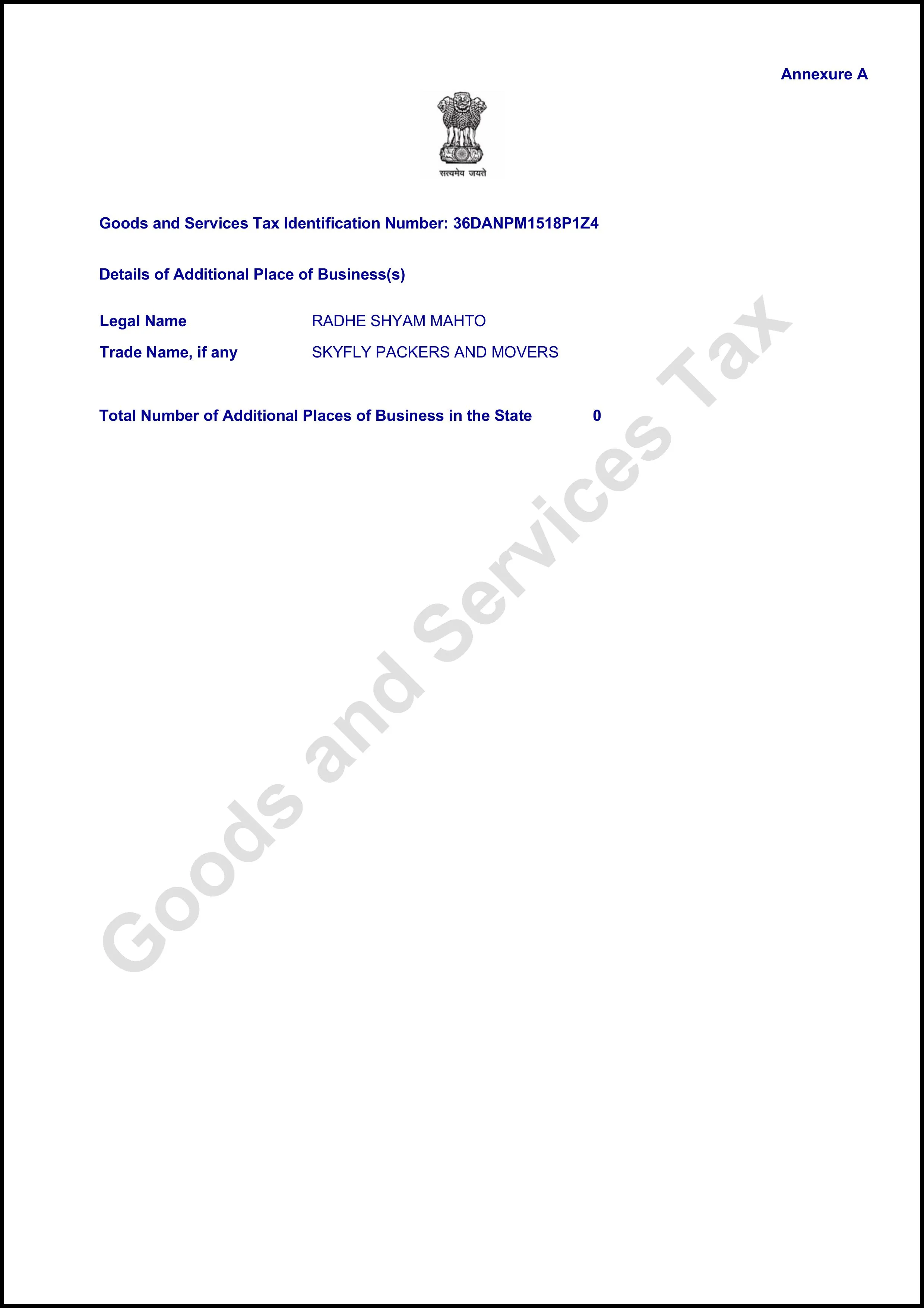 SkyFly Packers and Movers Good Service Tax Certificate - GST Compliance Badge