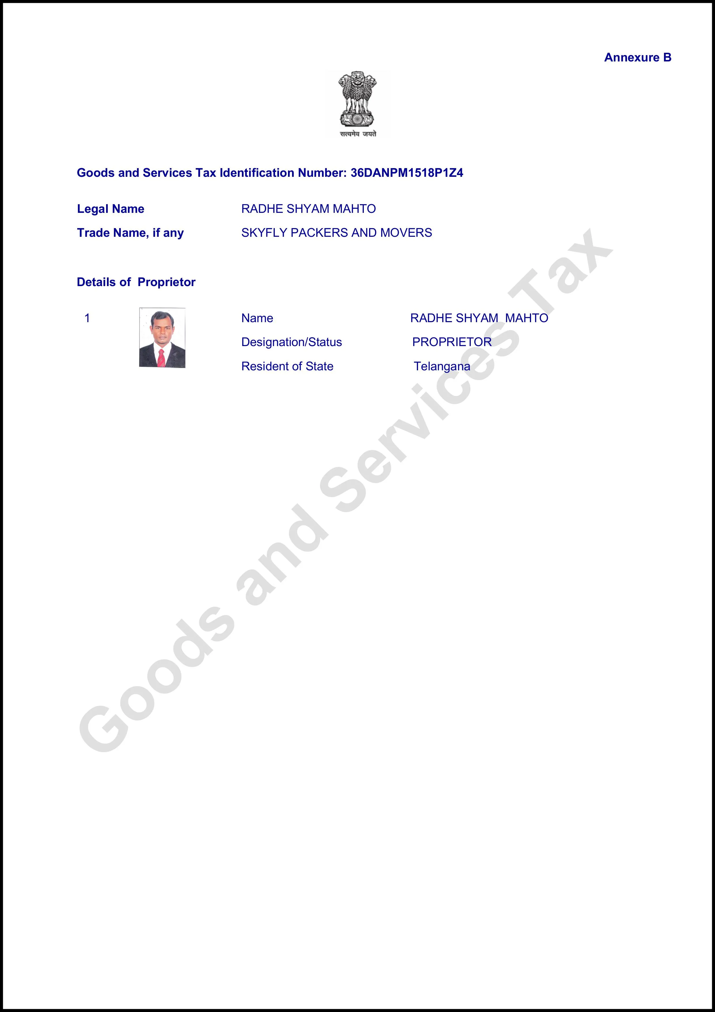 SkyFly Packers and Movers GST Registration Number - 36DANPM1518P1Z4